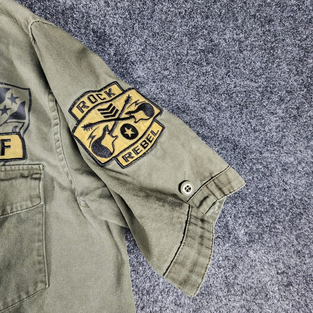 Rock & Roll Hall of Fame Mens Small Olive Green Military Patch Button Down Shirt - Picture 3 of 9